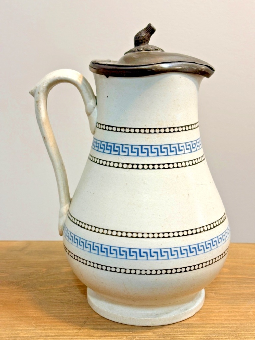 Blue Greek Key and Grey Mosaic Pattern Pewter Lidded Jug